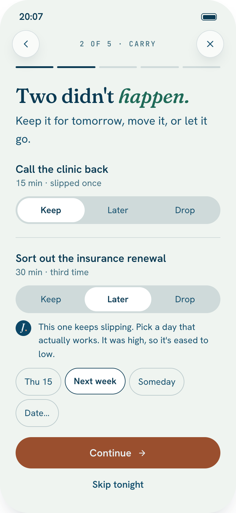 Night Planning, step 2: Carry forward